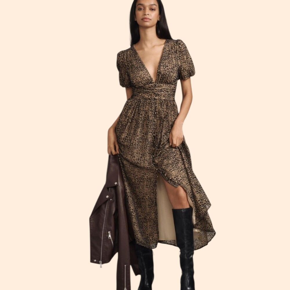 Anthropologie Brown Leopard-Print Midi Dress